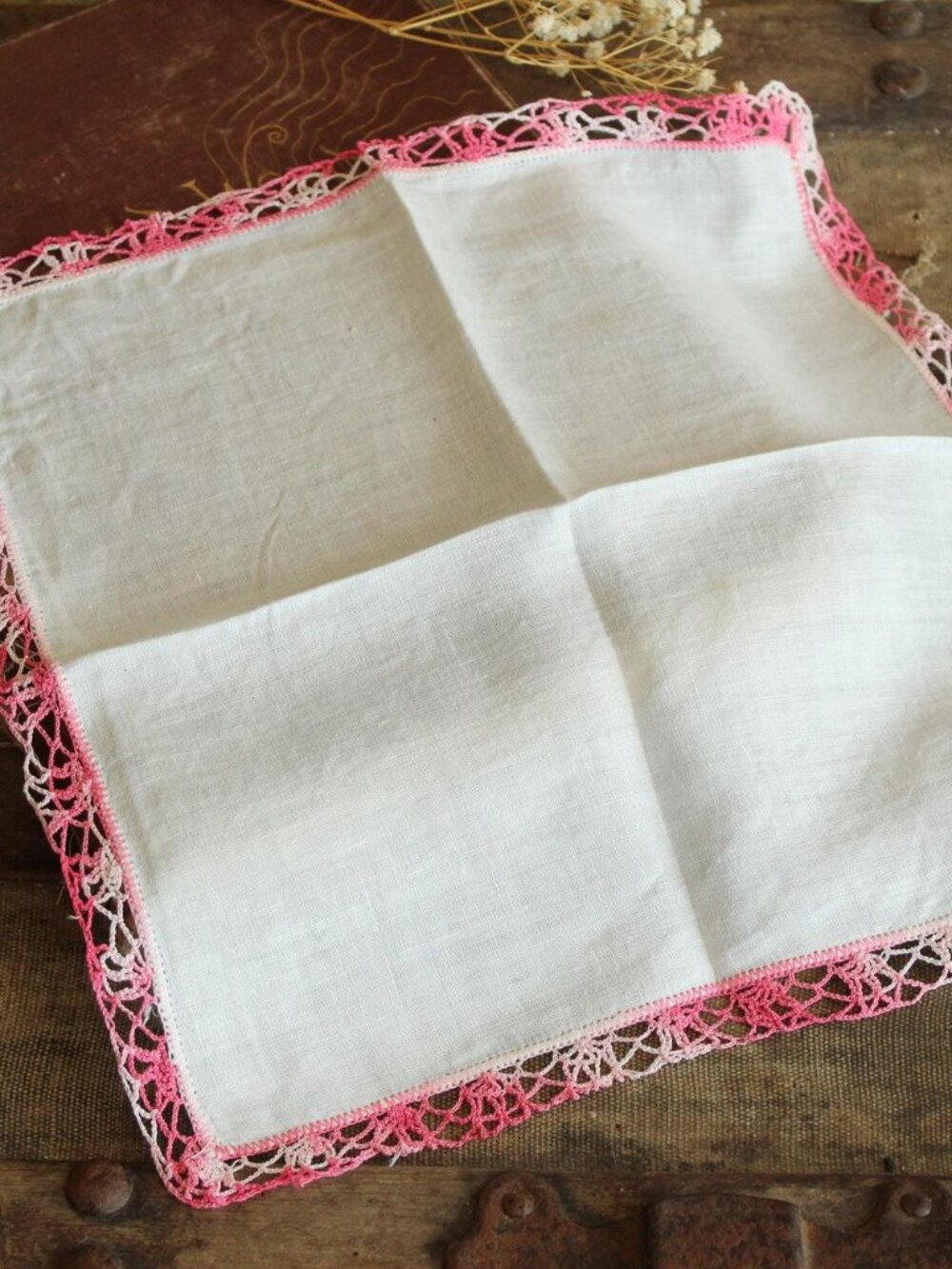 Vintage 1960s Handkerchief, White Linen With Pink Crochet Trim Hankie